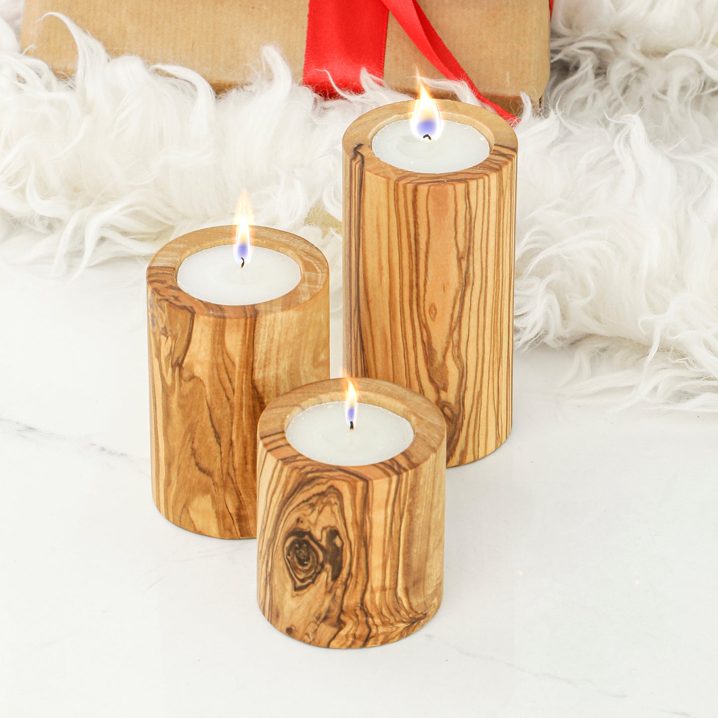 Handcrafted Tunisian Olive Wood Set of 3 Candle Holders